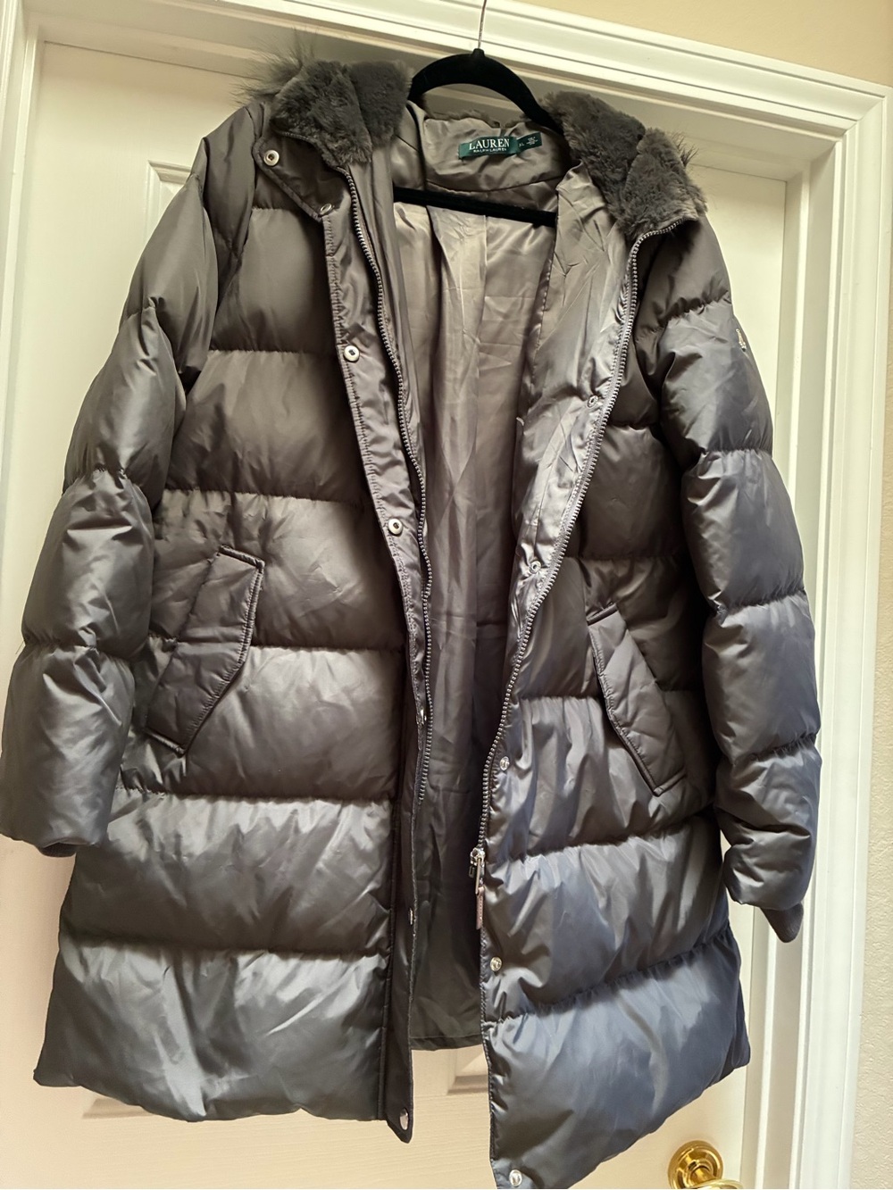 Lauren Ralph Lauren Charcoal Quilted Long Puffer Coat with Faux Fur Trim